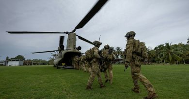 Soldiers from 3rd Battalion, the Royal Australian Regiment, and the PNG Defence Force board a CH-47 Chinook from 5th Aviation Regiment during Exercise Wantok Warrior. Story by Captain Brittany Evans. Photo by Corporal Brandon Grey.