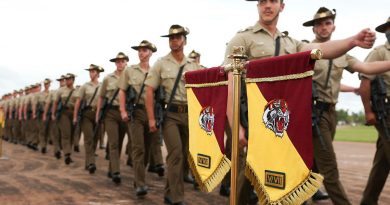 Soldiers of the newly re-linked 5th/7th Battalion, the Royal Australian Regiment, march off the parade ground following the unit’s merger at Robertson Barracks. Story and photos by Warrant Officer Class Two Max Bree.