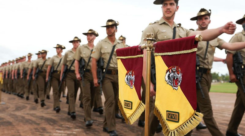 Soldiers of the newly re-linked 5th/7th Battalion, the Royal Australian Regiment, march off the parade ground following the unit’s merger at Robertson Barracks. Story and photos by Warrant Officer Class Two Max Bree.