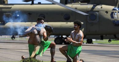 The Wulgurukaba people perform a smoking ceremony at the 5th Aviation Regiment naming ceremony of four CH-47F Chinook helicopters at RAAF Base Townsville, Queensland. Story by Major Carolyn Barnett. Photos by Craftsman Luc McLean.