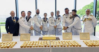 Professor Hugh Heggie and Rear Admiral Christopher Smith, with the commanding officers and the youngest sailors of HMA Ships Cape Pillar, Cape Naturaliste, Cape Woolamai and Cape Capricorn at HMAS Coonawarra. Story by Lieutenant Commander Gary McHugh. Photo by Able Seaman Connor Morrison.