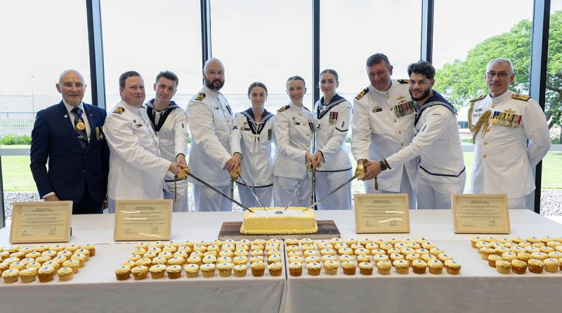 Professor Hugh Heggie and Rear Admiral Christopher Smith, with the commanding officers and the youngest sailors of HMA Ships Cape Pillar, Cape Naturaliste, Cape Woolamai and Cape Capricorn at HMAS Coonawarra. Story by Lieutenant Commander Gary McHugh. Photo by Able Seaman Connor Morrison.