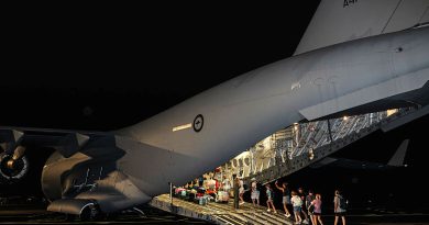 Australian citizens board a RAAF C-17A flight home at Bauerfield International Airport, Port Vila, following the Vanuatu earthquake. Photos by Corporal Adam Abela.