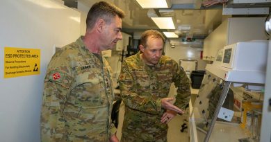 Major Gerard Hinchliffe, of 1st Intelligence Battalion, gives Commander 6th Brigade, Brigadier Deane Limmer, a tour of the Level 2 material exploitation facility at Gallipoli Barracks, Enoggera. Story by Major John Yialeloglou. Photos by Lance Corporal Luke Donegan.