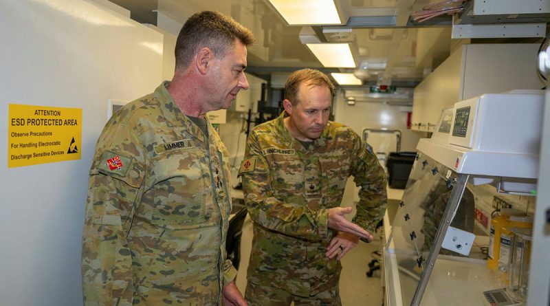 Major Gerard Hinchliffe, of 1st Intelligence Battalion, gives Commander 6th Brigade, Brigadier Deane Limmer, a tour of the Level 2 material exploitation facility at Gallipoli Barracks, Enoggera. Story by Major John Yialeloglou. Photos by Lance Corporal Luke Donegan.