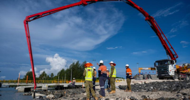 Australian Army officers Captain Will Guelen and Captain Max Cubis, of 12th Chief Engineer Works, oversee the concrete pour for the boat ramp under construction at Lombrum Naval Base, PNG. Story by Major Evita Ryan. Photos by Corporal Joshua Thomas.