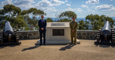 Royal Australian Artillery Head of Regiment Brigadier Damian Hill and Lieutenant Colonel Matt White, of the Defence Preparedness Branch, at the Royal Regiment of Australian Artillery National Memorial on Mt Pleasant in Canberra. Story and photo by Corporal Michael Rogers.