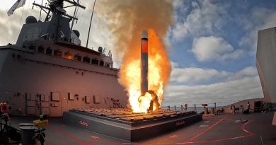 HMAS Brisbane fires a Tomahawk missile off the cost of San Diego, USA. Photo by Petty Officer Craig Walton.