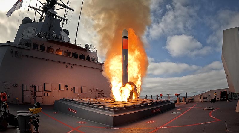 HMAS Brisbane fires a Tomahawk missile off the cost of San Diego, USA. Photo by Petty Officer Craig Walton.