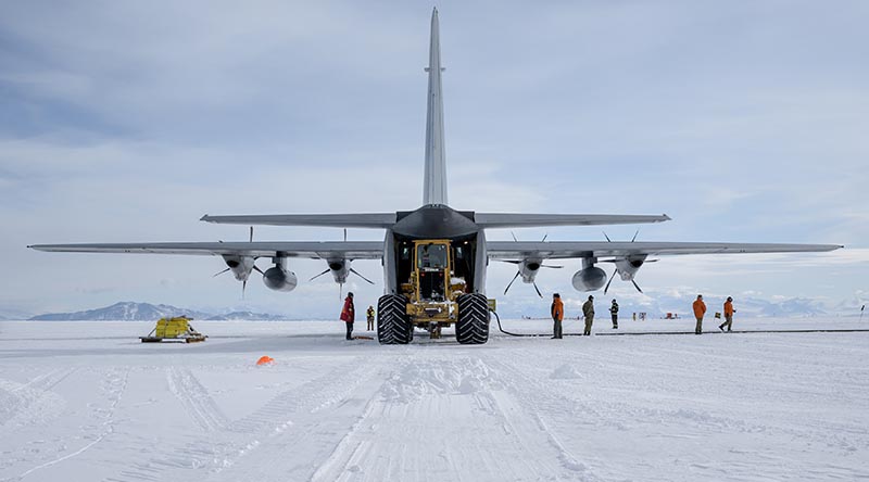 The first Royal New Zealand Air Force C-130J-300 Hercules to land in Antarctica is unloaded at McMurdo Station. NZDF photo supplied.