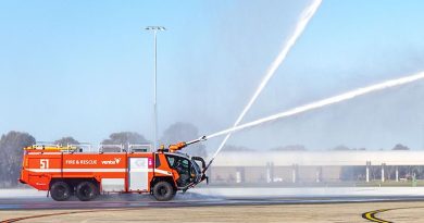 A Ventia firetruck conducts a firefighting demonstration at RAAF Base Pearce in Western Australia. Photo by Flying Officer Michael Thomas.