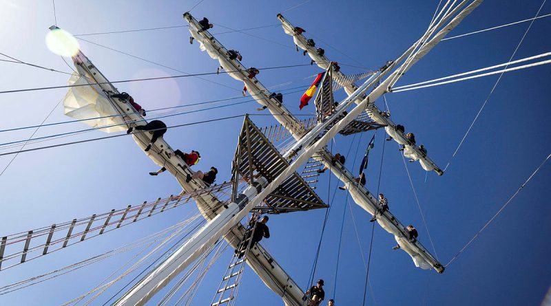 Youth ambassadors climb the main mast on board Sail Training Ship (STS) Young Endeavour during a voyage from Sydney to Newcastle, NSW. Photos by Leading Seaman David Cox.