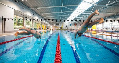 Invictus Games 2025 Team Australia competitors Callan McLean, right, and Jake Christie dive into the pool during a training camp at the Australian Institute of Sport, Canberra. Photo by Flight Sergeant Christopher Dickson.