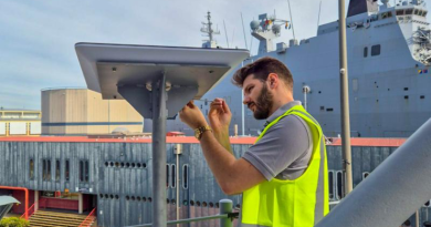 Pierre de Vallier, of the Enhanced Quality of Life Team, Navy Intelligence and Information Warfare, installs a Starlink system on board HMAS Brisbane. Story and photo by Corporal Michael Rogers.