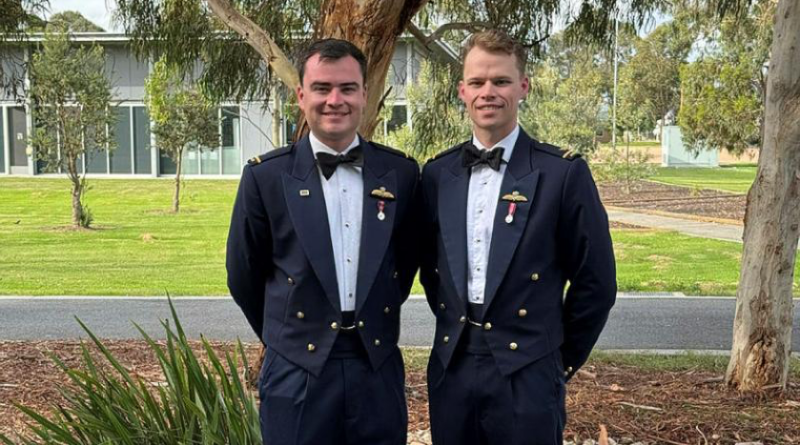 Brothers and Air Force pilots, Flying Officer Samuel Hughes, left, and Flying Officer Luke Hughes, celebrate earning their wings at the 1 Flying Training School Course 278 ADF Intermediate Pilots Course Graduation at RAAF Base East Sale. Story by Flight Lieutenant Lily Lancaster. Photo by Flying Officer Luke Marsden.