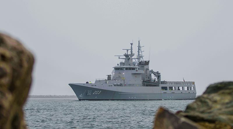 NUSHIP Arafura returns to the Osborne Naval Shipyard after conducting sea trials in August 2024. Image provided by Luerssen Australia.