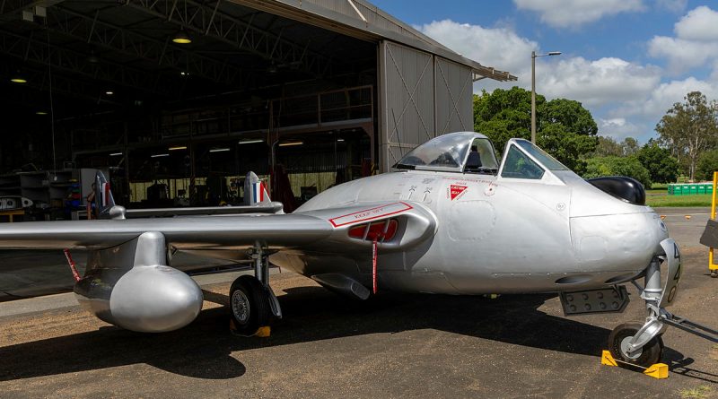 A restored Air Force Vampire aircraft at the History and Heritage Centre, RAAF Base Amberley, Queensland. Story by Pilot Officer Timothy Sullivan. Photos by Leading Aircraftman Campbell Latch.