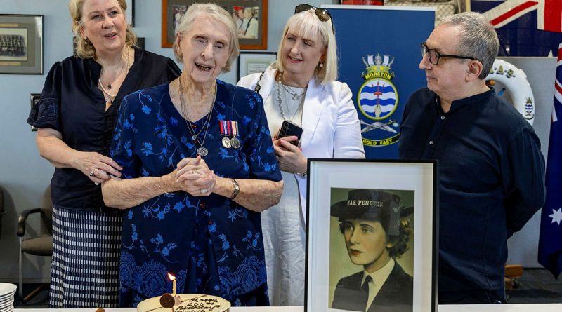 Murielle Ahern with her family during her 100th birthday celebration at HMAS Moreton, Brisbane. Story by Lieutenant Michael Wilson. Photos by Aircraftwoman Nell Bradbury.