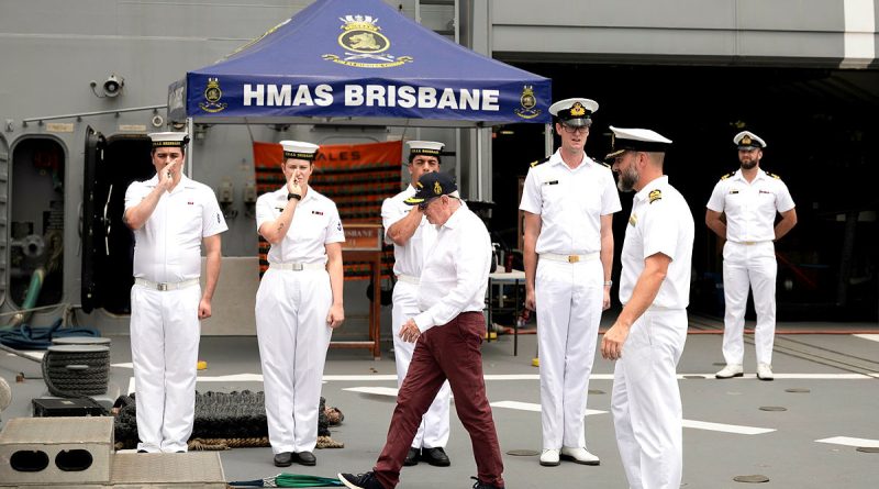 HMAS Brisbane's piping party pipes the side as Vice Admiral Donald Chalmers (retd) steps off the ship after a ship's tour alongside Fleet Base East in Sydney, NSW. Story by Sub-Lieutenant Angus Tyson. Photos by Leading Seaman Abdus Chowdhury.