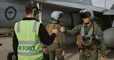 A RAAF 1 Squadron F/A-18F Super Hornet pilot, weapons systems officer and ground crew member meet for pre-flight checks during Exercise Red Flag Nellis 25-1 in Nevada, US. Story by Flying Officer Shanea Zeegers. Photos by Aircraftwoman Laura Flower.