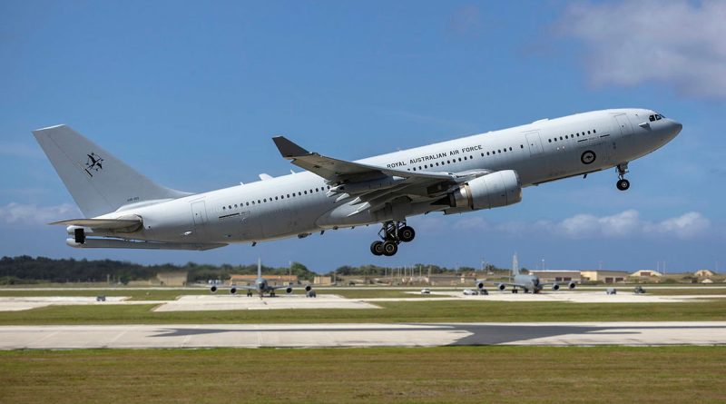 A RAAF KC-30A Multi-Role Tanker Transport aircraft departs Andersen Air Force Base, Guam, during Exercise Cope North 25. Story b y Flight Lieutenant Madeleine Magee. Photos by Aircraftwoman Mikaela Fernlund.