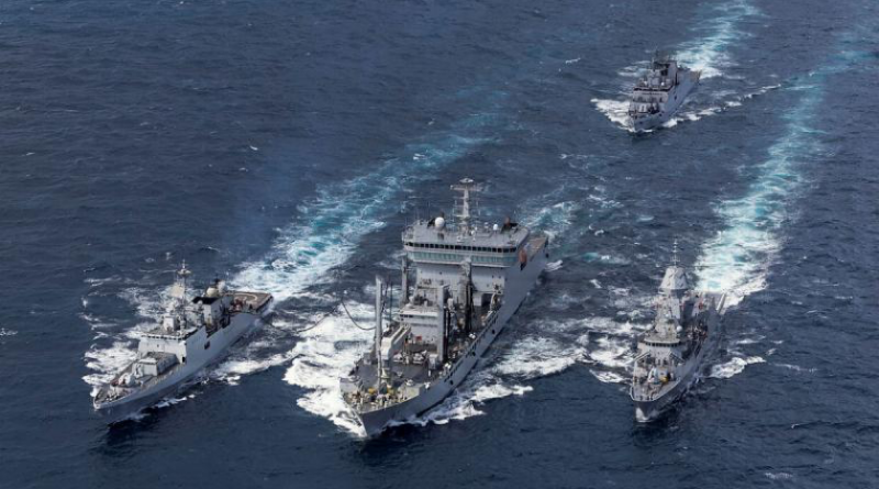 HMAS Stuart conducts a replenishment at sea with Indian Navy Ships Shakti and Tabar with INS Kadmatt behind as part of Exercise Malabar 24. Photo by Leading Seaman Rikki-Lea Phillips.