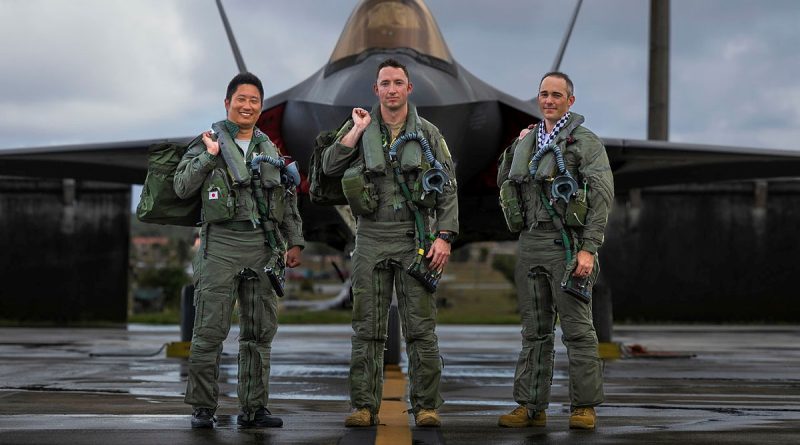 Japan Air Self-Defense Force pilot Captain Nakanishi, United States Air Force pilot Lieutenant Mike Watson and Royal Australian Air Force pilot Flight Lieutenant Ryan Turner during Exercise Cope North 25 at Andersen Air Force Base, Guam. Story by Flight Lieutenant Madeleine Magee. Photos: by Aircraftwoman Mikaela Fernlund.