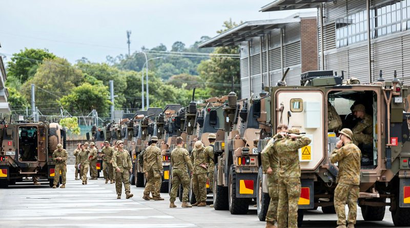 Australian Army soldiers from 8th/9th Battalion, Royal Australian Regiment, departing Gallipoli Barracks in Brisbane as part of the Australian Defence Force response to Tropical Cyclone Alfred. Photo by Corporal Janet Pam.