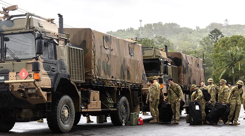 Soldiers from 8th/9th Battalion, Royal Australian Regiment, arrive in Lismore on Friday, 7 March 2025, to assist northern NSW communities in the wake of Tropical Cyclone Alfred. Photo by WO2 Raymond Vance.