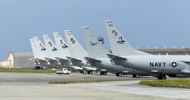 A Royal Australian Air Force P8-A Poseidon aircraft and United States Navy P-8A Poseidon’s on the flight line at United States Air Force Kadena Air Base, Japan, during Operation Argos 25-1. Story by Flight Lieutenant Grace Casey-Maughan. Photos by Corporal Emma Schwenke.