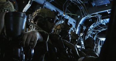 Australian Army soldiers from 5th/7th Battalion, the Royal Australian Regiment, transit to Balabac Island, Philippines, on an American Bell Boeing V-22 Osprey, as part of Exercise Balikatan. Story by Lieutenant Emily Tinker. Photo by Sergeant Samuel Miller.