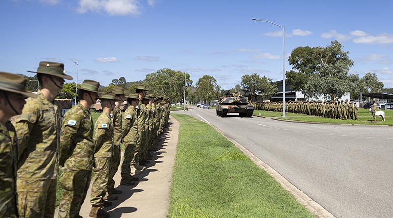 Brigadier Dave McCammon and W02 Robert Munro conduct a lap of 3rd Brigade in an M1A2 at Lavarack Barracks, Townsville, Queensland. Photo by Private Jess Gray.