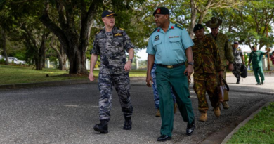 ADF Chief of Joint Operations Vice Admiral Justin Jones, left, speaks with Colonel Craig Solomon of the PNG Defence Force during a visit to Murray Barracks in Port Moresby. Story and photos by Corporal Michael Rogers.