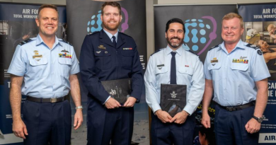 From left, Air Marshal Stephen Chappell, Corporal Matthew Thornton, Flight Lieutenant Edwin Betar and Warrant Officer – Air Force Ralph Clifton at the Air Force writing awards presentation. Story by Squadron Leader Sacha Mondon. Photos by Flight Sergeant Kev Berriman.