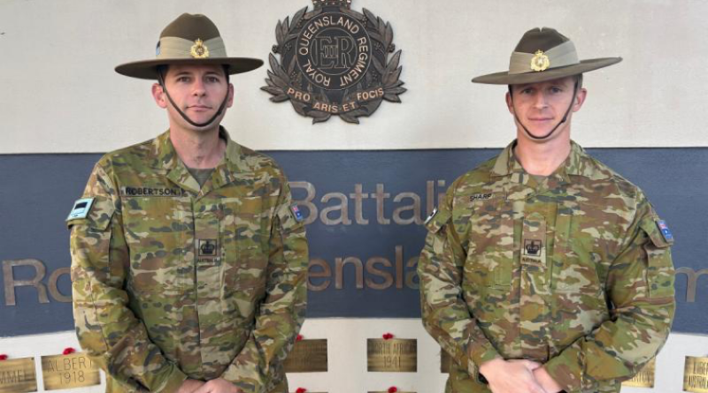 Warrant Officers Class 2 Troy Robertson, left, and Jamie Sharp, from the 9th Battalion, the Royal Queensland Regiment, responded to a high-impact vehicle incident. Story and photo by Captain Cath Batch.