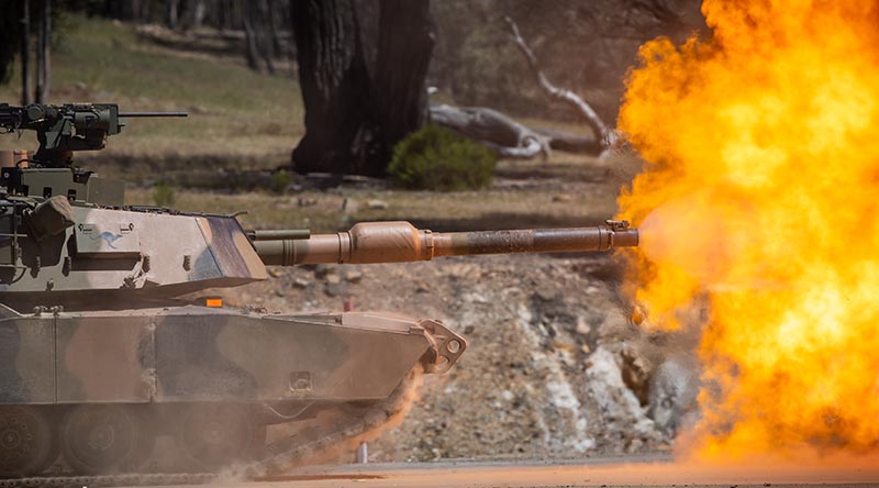 An Australian Army Abrams M1A2 SEPv3 main battle tank during a live-fire serial as part of a qualification course for Royal Australian Armoured Corps soldiers at Puckapunyal Military Area, Victoria. Photo by Corporal Jacob Joseph.