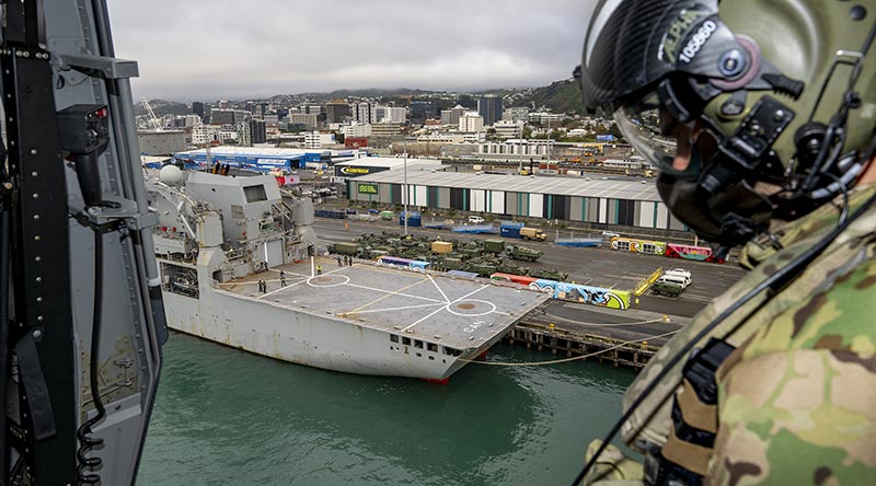 One of three New Zealand NH-90 helicopters to be deployed on Ex Talisman Sabre 25 approached for embarkation on HMNZS Canterbury to sail for Australia. NZDF photo.