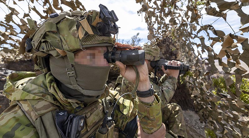 Soldiers from the Australian Army's 1st Armoured Regiment and the New Zealand Army's 16 Field Regiment conduct observation of a target at Project Convergence Capstone 5 (PCC5) at Fort Irwin, California on the 11th March 2025. Photo by Corporal Nakia Chapman.