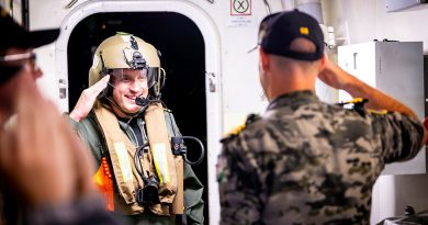 Commander United Kingdom Carrier Strike Group, Royal Navy Commodore James Blackmore is welcomed on board HMAS Sydney. Story by Lieutenant Hinako Shiraishi. Photo by Leading Seaman David Cox.