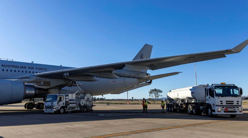 Royal Australian Air Force and Royal Air Force personnel work together to refuel a Royal Australian Air Force KC-30A Multi-Role Tanker Transport aircraft using Sustainable Aviation Fuel at RAAF Base Amberley, Queensland, prior to the commencement of Exercise Talisman Sabre 2025. Story by Cleo Arya. Photos by Leading Aircraftman Neil Bradbury.