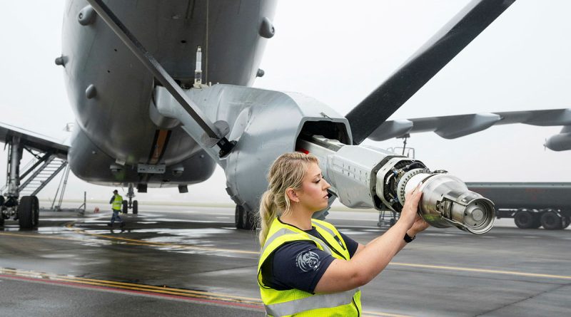 Royal Australian Air Force aircraft technician Corporal Aisha Norton-O'Donnell inspects the advanced refuelling boom system of a 33 Squadron KC-30A multi-role tanker transport aircraft, during air-to-air refuelling trials with the US Air Force. Story by Flight Lieutenant Grace Casey-Maughan. Photos by US Air Force.