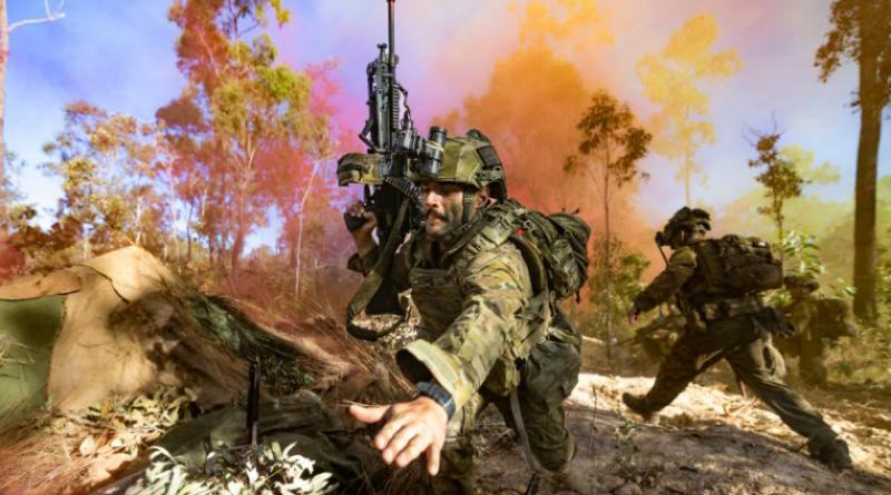 An Australian Army soldier from Battle Group Ram conducts a trench assault during the South Queensland Warfighter Exercise in preparation for Talisman Sabre. Story by Lieutenant Colonel Christopher Rickey. Photos by Corporal Johnny Huang.