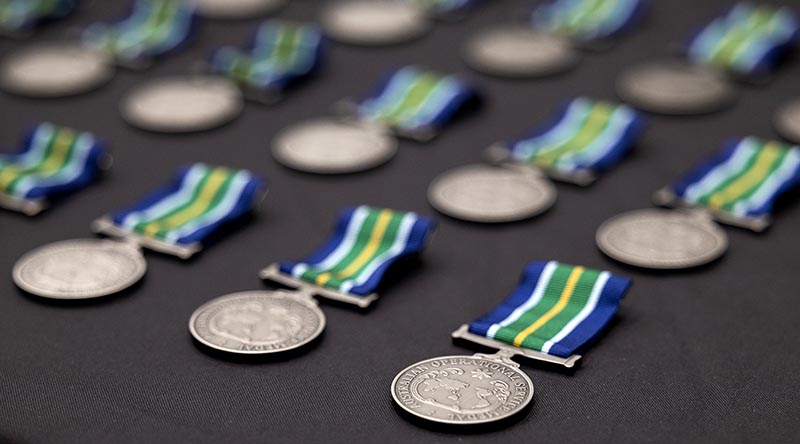 Australian Operational Service Medal – Indo-Pacific on display during an award ceremony at the Navy Capability Centre – Henderson, Western Australia. Photo by Leading Seaman Rikki-Lea Phillips.