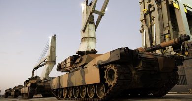 Australian Army M1A1 Abrams tanks await loading onto a ship in Australia, bound for Ukraine. Photo by Sergeant Tristan Kennedy.