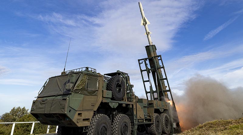 The 2nd Artillery Brigade of the Japan Ground Self-Defense Force launch a Type 12 surface-to-ship missile at Beecroft Weapons Range, New South Wales, during Exercise Talisman Sabre 2025. Photo by Private Alex Brown.