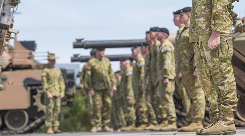 Soldiers officers and vehicles of the 1st Armoured Regiment on parade to mark the 100th anniversary of the Battle of Cambrai. Photo by Corporal Craig Barrett.