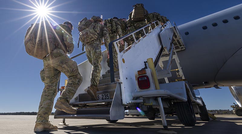 Australian Army Reserve soldiers from 41st Battalion, Royal New South Wales Regiment, board a Royal Australian Air Force KC-30 at RAAF Base Amberley in Queensland to deploy to northern Western Australia as part of Exercise Talisman Sabre 2025. Photo by Corporal Hamid Farahani.