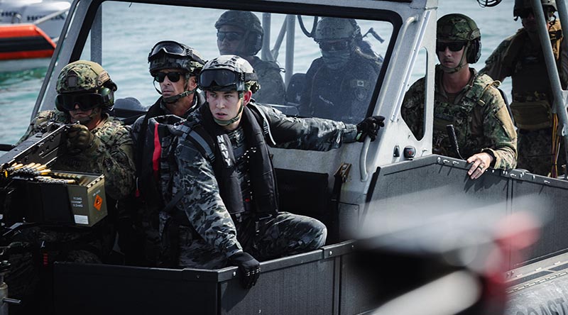 Royal Australian Navy sailors prepare to board a vessel from a United States Coast Guard Transportable Port Security Boat near Larrakeyah Barracks, Northern Territory during Exercise Talisman Sabre 2025. Photo by Corporal Cameron Pegg.