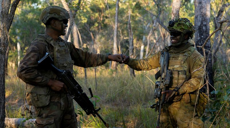 A Royal Marine from His Majesty's Armed Forces of Tonga, left, and an Australian Army soldier at Shoalwater Bay Training Area during Exercise Talisman Sabre. Photo by Captain Karam Louli.