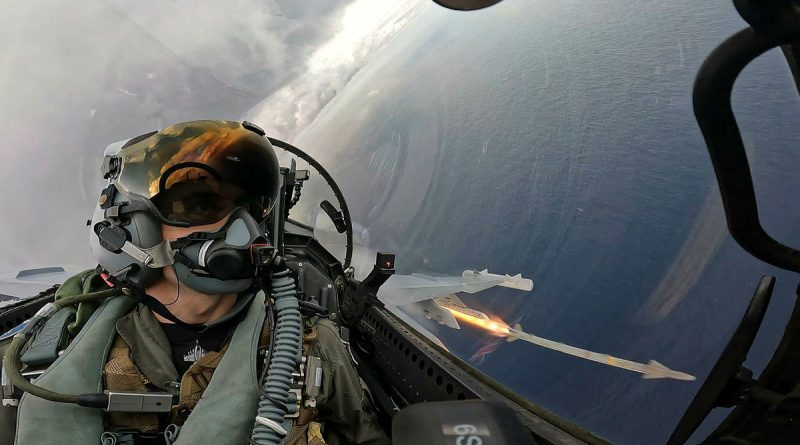 A RAAF EA-18G Growler crew fires an AIM-9X Sidewinder (Block II) missile at a BQM-74E aerial target during Exercise Archer 2025. Story by Flight Lieutenant Grace Casey-Maughan. Photo supplied.